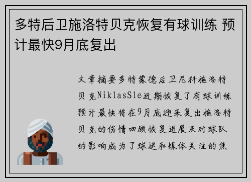 多特后卫施洛特贝克恢复有球训练 预计最快9月底复出