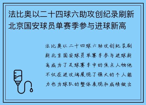 法比奥以二十四球六助攻创纪录刷新北京国安球员单赛季参与进球新高